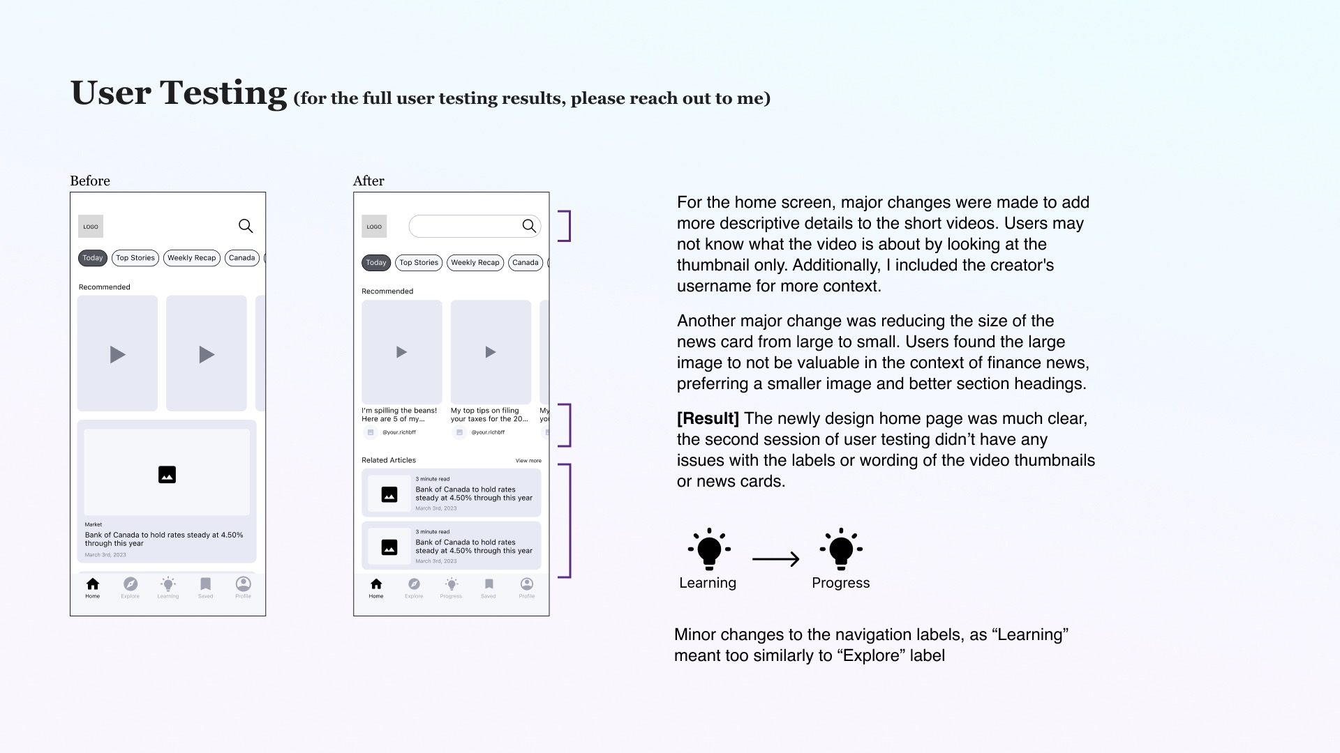 User Testing changes based on observing the users and their understanding of the mid-fi wireframes. Please reach out to me at hello.li.emily@gmail.com if you would like a more in depth view of the user testing